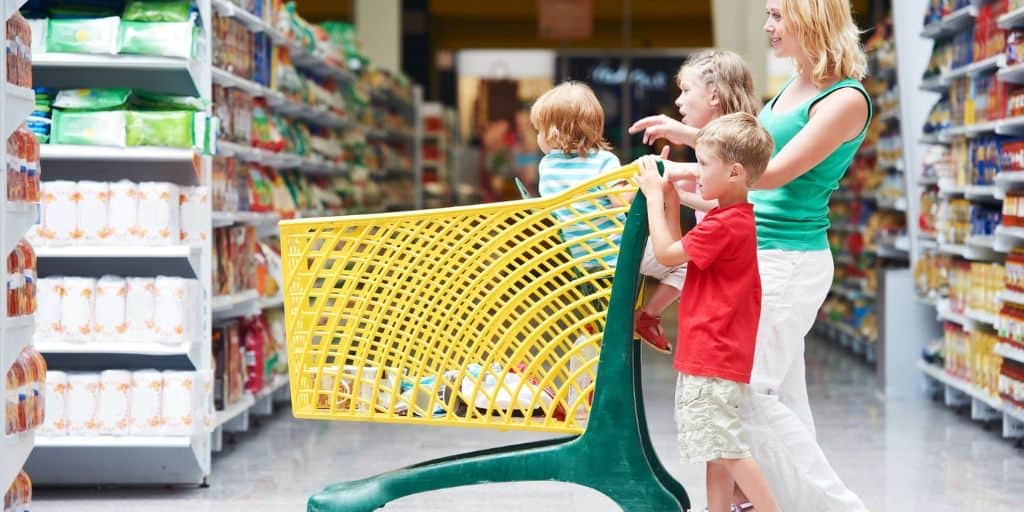 mother and kids having fun playing grocery shopping games