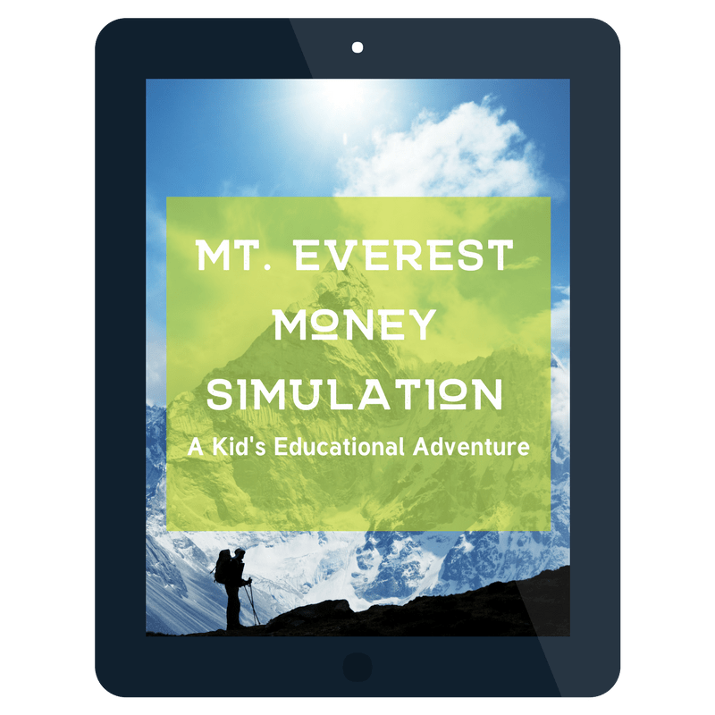 9 ipad screenshot of mountain and shadow climber in lower lefthand with text overlay "mt. Everest Money Simulation"
