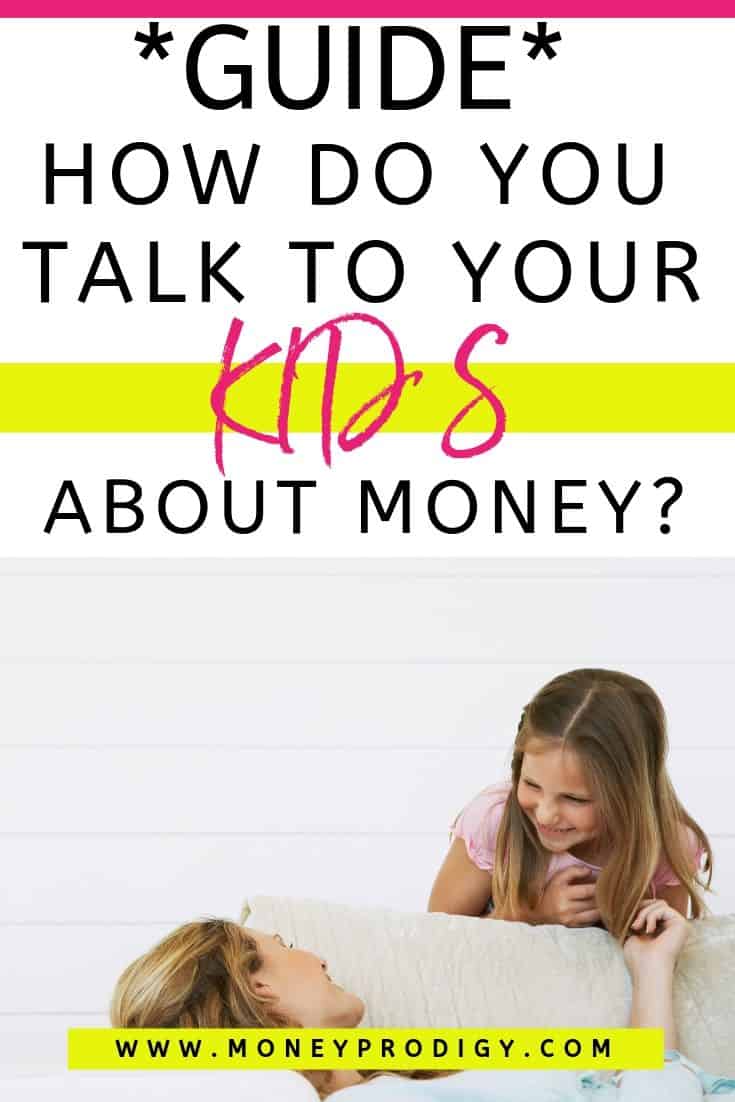 mother on couch, smiling, talking to teen, text overlay "guide: how do you talk to your kids about money?"