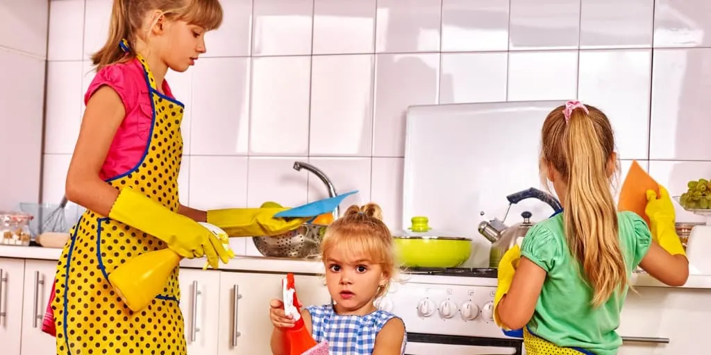 three kids with chic aprons, doing chores for allowance