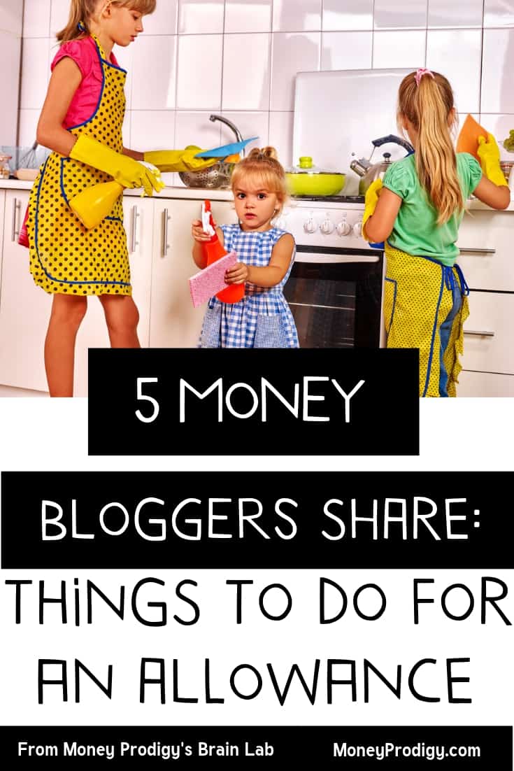 three kids with chic aprons, doing chores with text overlay "5 money bloggers share things to do for an allowance"