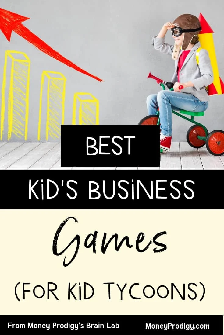 boy kid on a bicycle with a business chart on his left, looking to the future with text overlay "best kid's business games for kid tycoons"