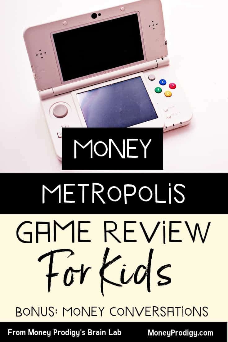 pink, nintendo-looking game console with text overlay "money metropolis game review for kids"