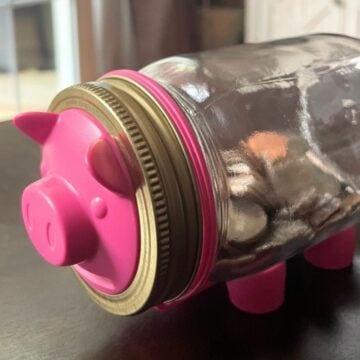 mason jar with money in it on its side, and piggy bank front and legs