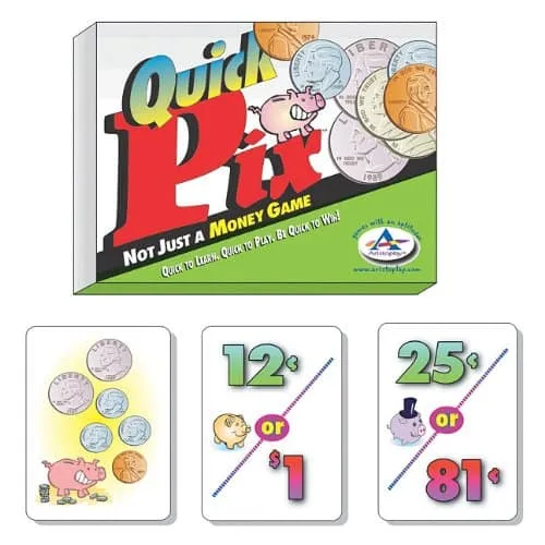 card game box with three example cards showing coin amounts