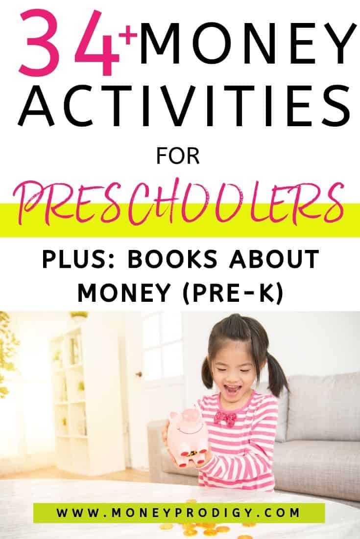 preschool girl excitedly shaking out piggy bank, text overlay "34+ money activities for preschoolers plus books for money (pre-k)"