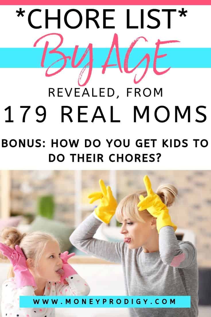 mother and kid being silly, text overlay "chore list by age revealed, from 179 real moms. Bonus: how do you get kids to do their chores?"