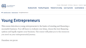 screenshot of Small Business Administration's Young Entrepreneur's page