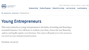 screenshot of Small Business Administration's Young Entrepreneur's page