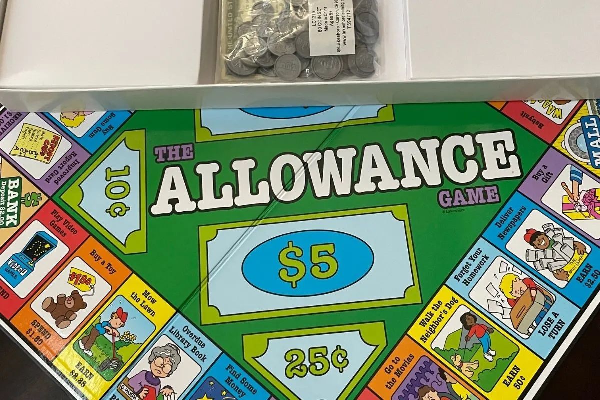 primary colored Allowance board game with cartoon characters on each space