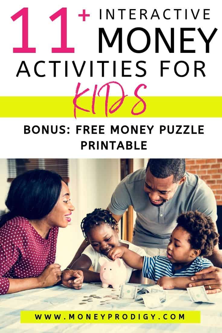 young couple teaching kids money, text overlay "11+ interactive money activities for kids"