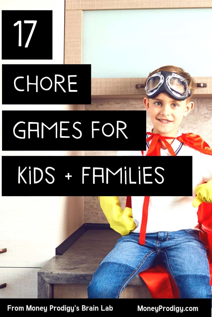 tween boy on counter with red cape and gloves, text overlay "17 chore games for kids and families" chores game