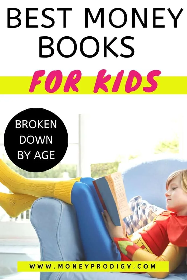 young kid reading money book on couch in superman outfit, text overlay
