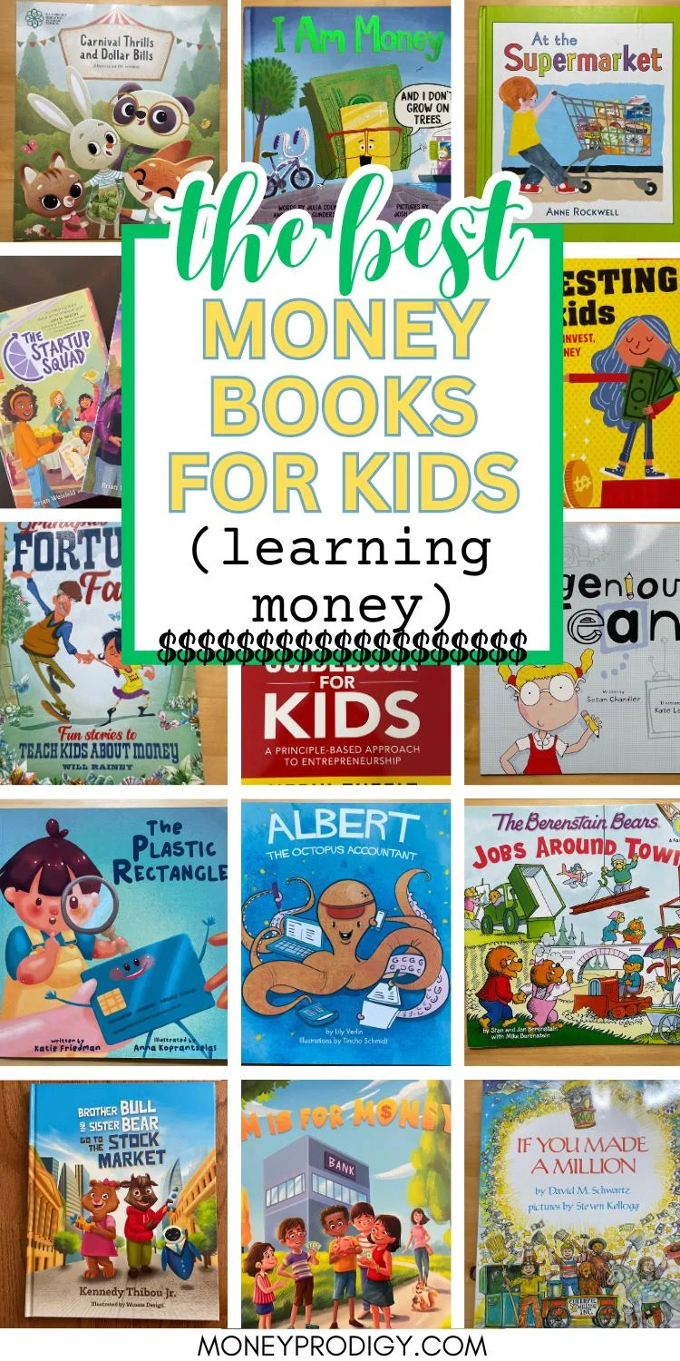 tons of kid money book covers, text overlay "the best money books for kids (learning money)