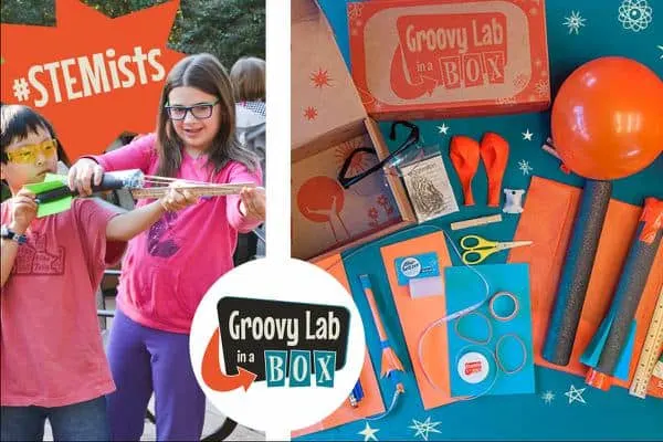 two kids called STEM ists playing with a creation from the groovy lab in a box - kid subscription box reviews