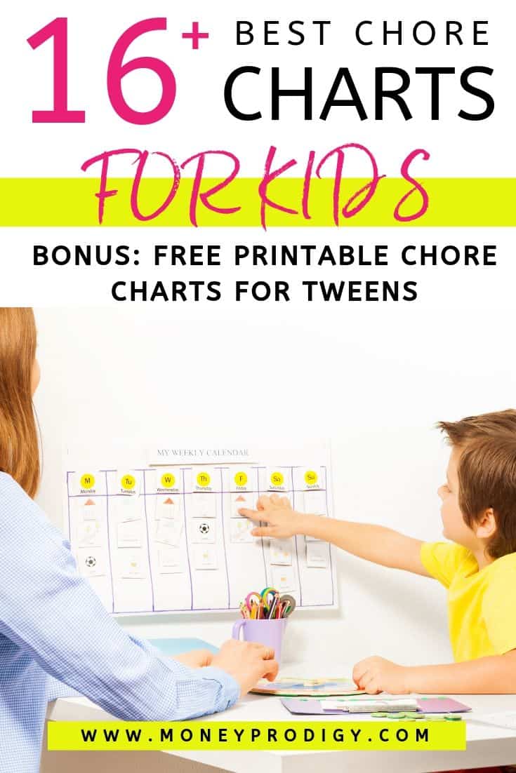 tween boy pointing to chore chart, text overlay "16+ best chore charts for kids, bonus: free printable chore charts for tweens"