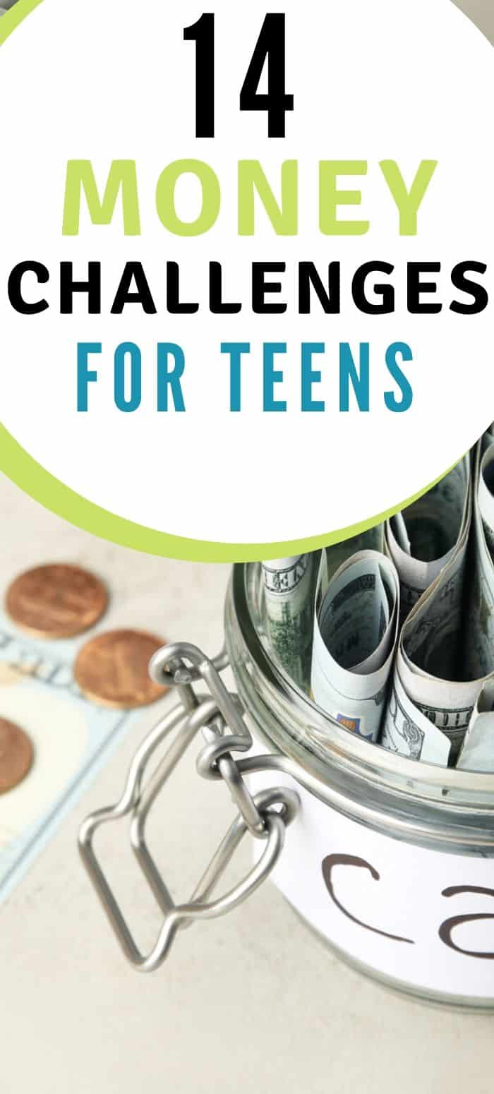 car savings fund filled with money on table, text overlay "14 money challenges for teens"