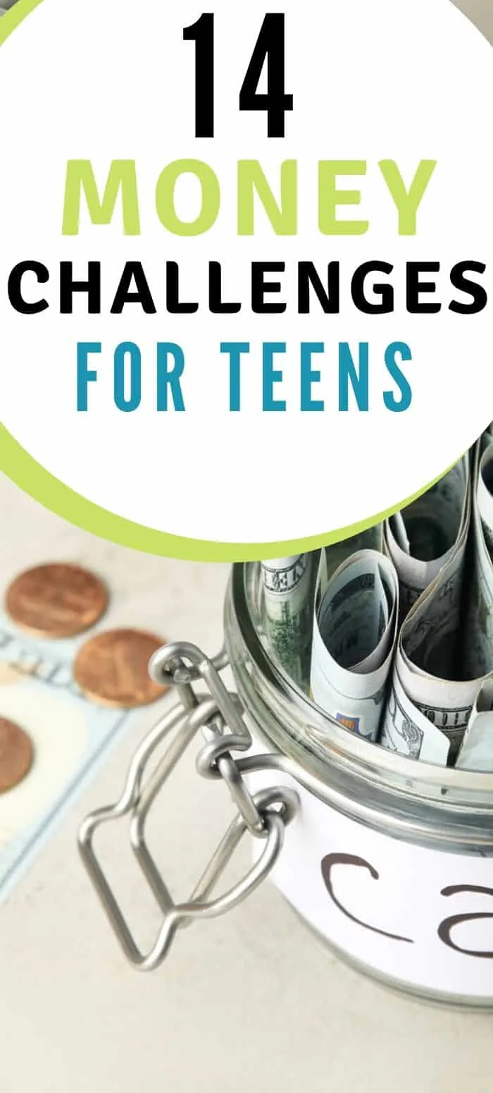 car savings fund filled with money on table, text overlay "14 money challenges for teens"