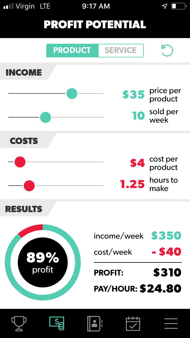 screenshot of profit potential screen on teen entrepreneur app