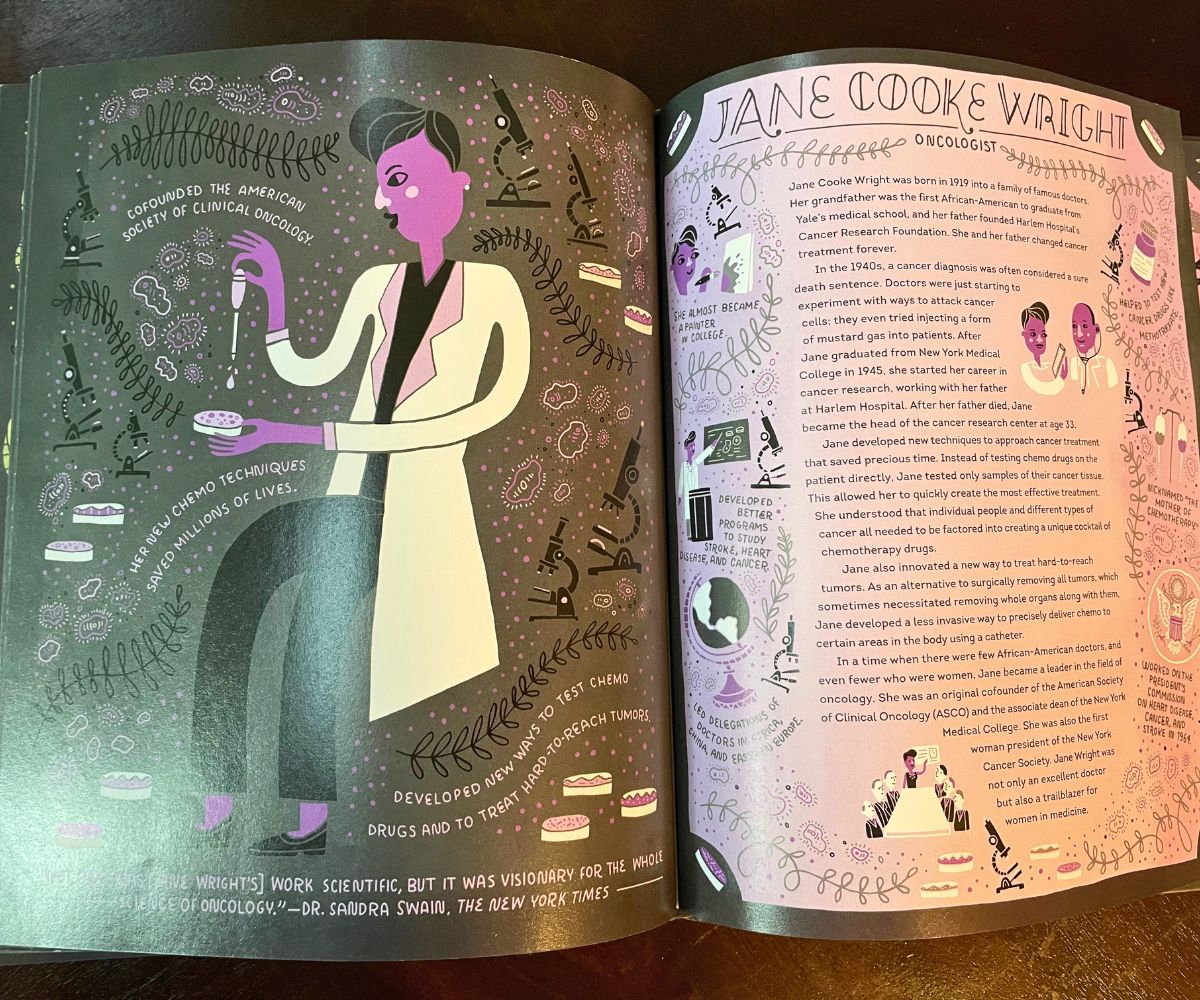inside of Women in Science showing black page with hand drawn doodles and portrait of Jane Cooke Wright