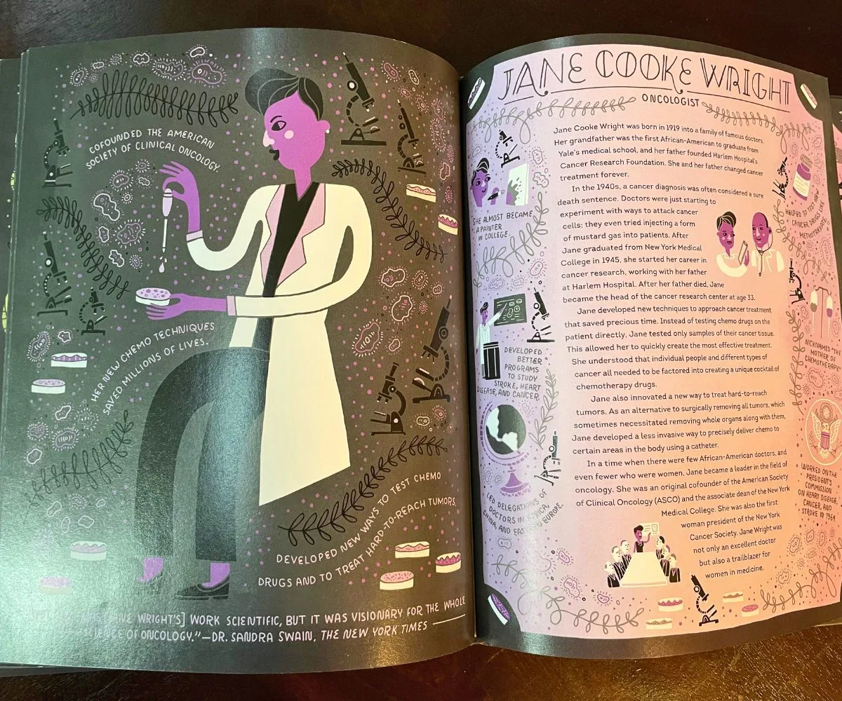 inside of Women in Science showing black page with hand drawn doodles and portrait of Jane Cooke Wright
