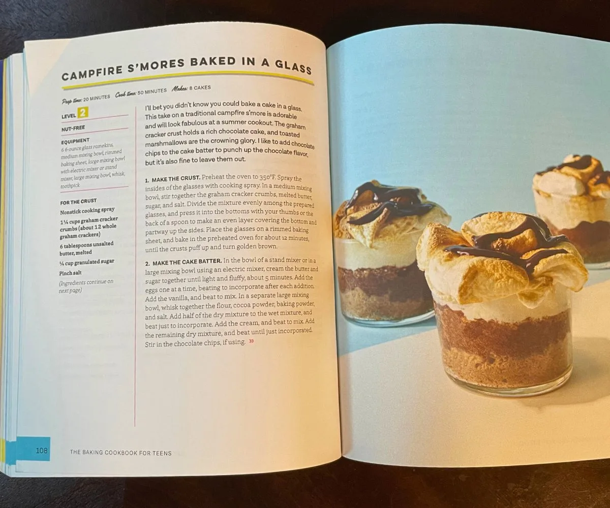 Inside pages of The Baking Cookbook for Teens showing campfire s'mores in mini jars