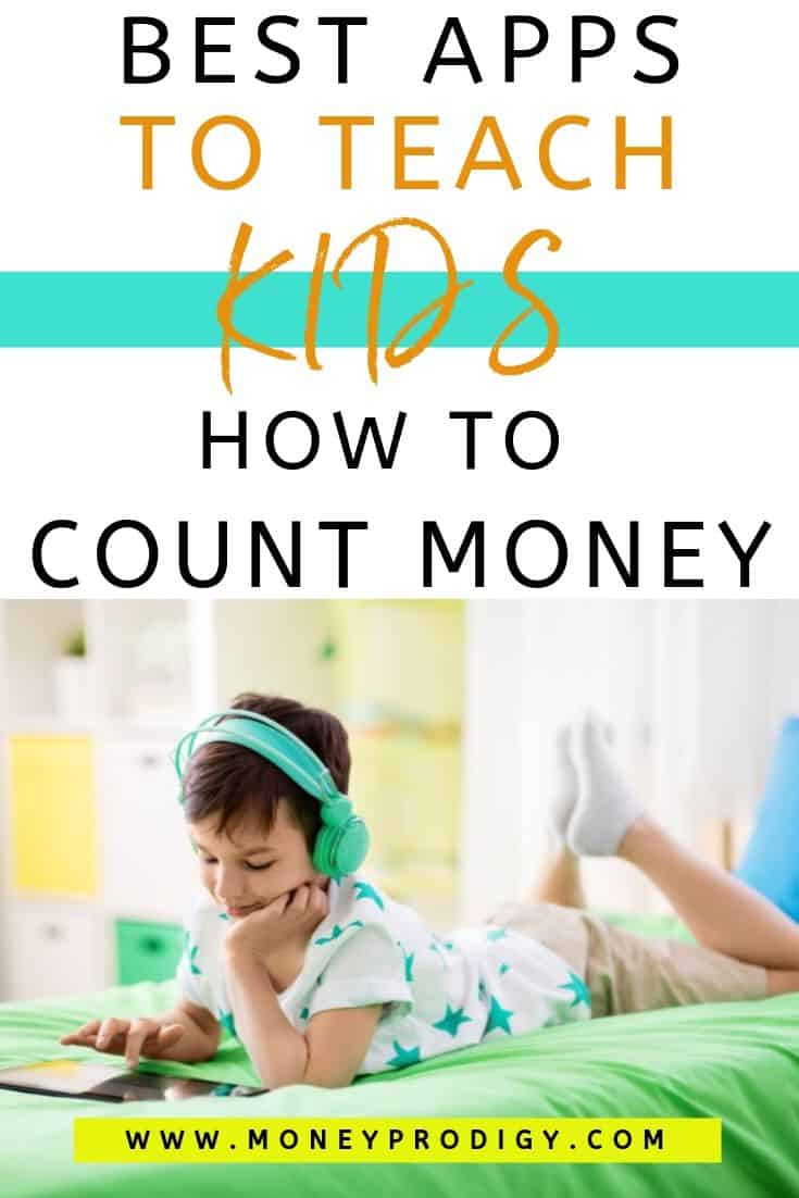 young boy on iPad on bed, text overlay "best apps to teach kids how to count money"