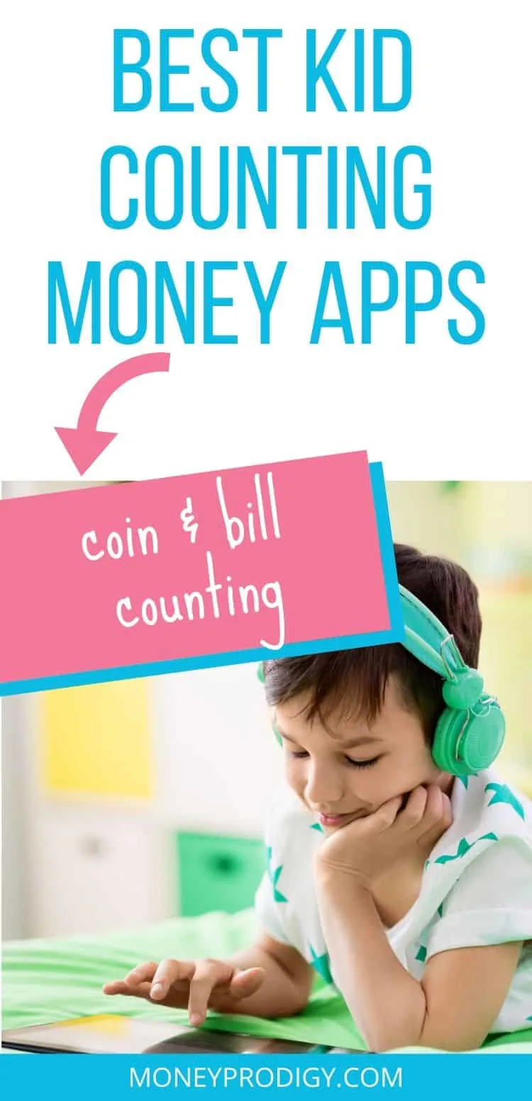 image of kid using counting money apps on ipad, text overlay "best kid counting money apps to learn coins and bills"