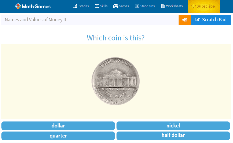 screenshot of a math game coin identifier