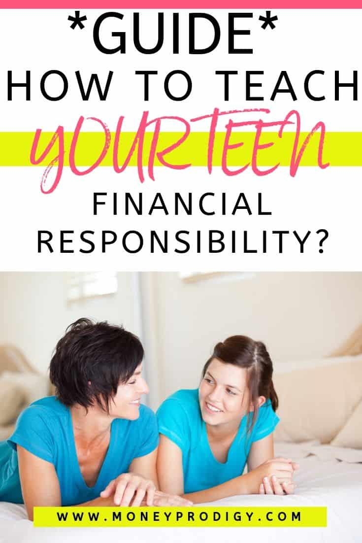 mother laying on bed talking to teen daughter, text overlay "guide how to teach your teen financial responsibility"