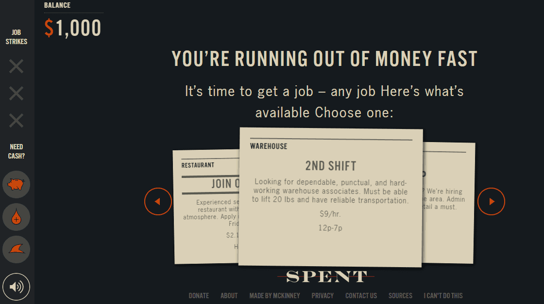 screenshot of budgeting game for students