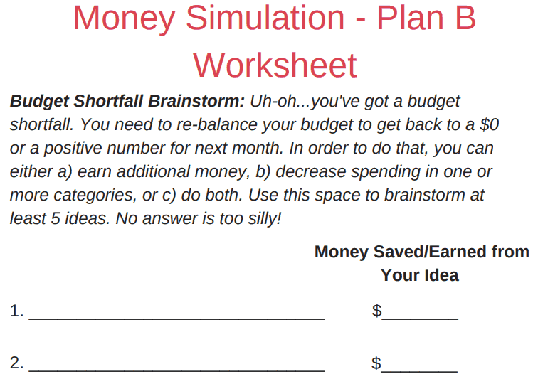 screenshot of budgeting scenarios for high school students PDF