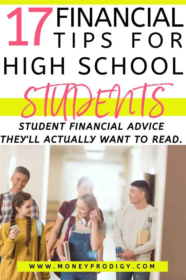 group of high school students walking in hall, text overlay "17 financial tips for high school students"