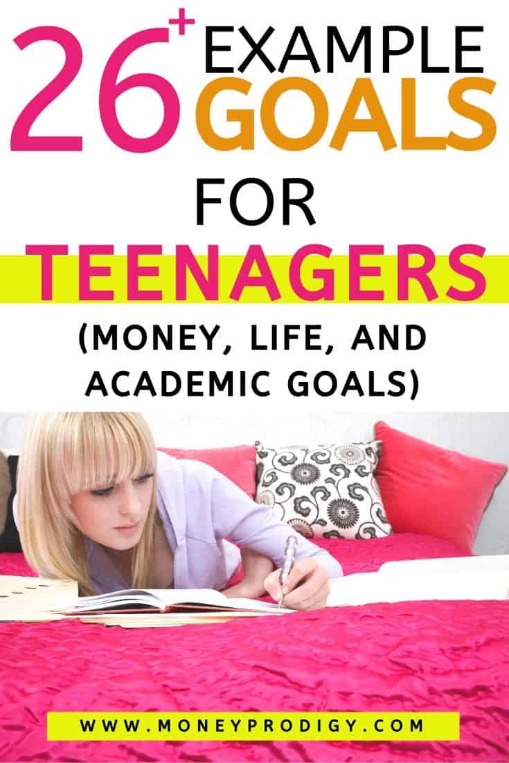 teenager on pink bed goal setting, text overlay "26 example goals for teenagers"