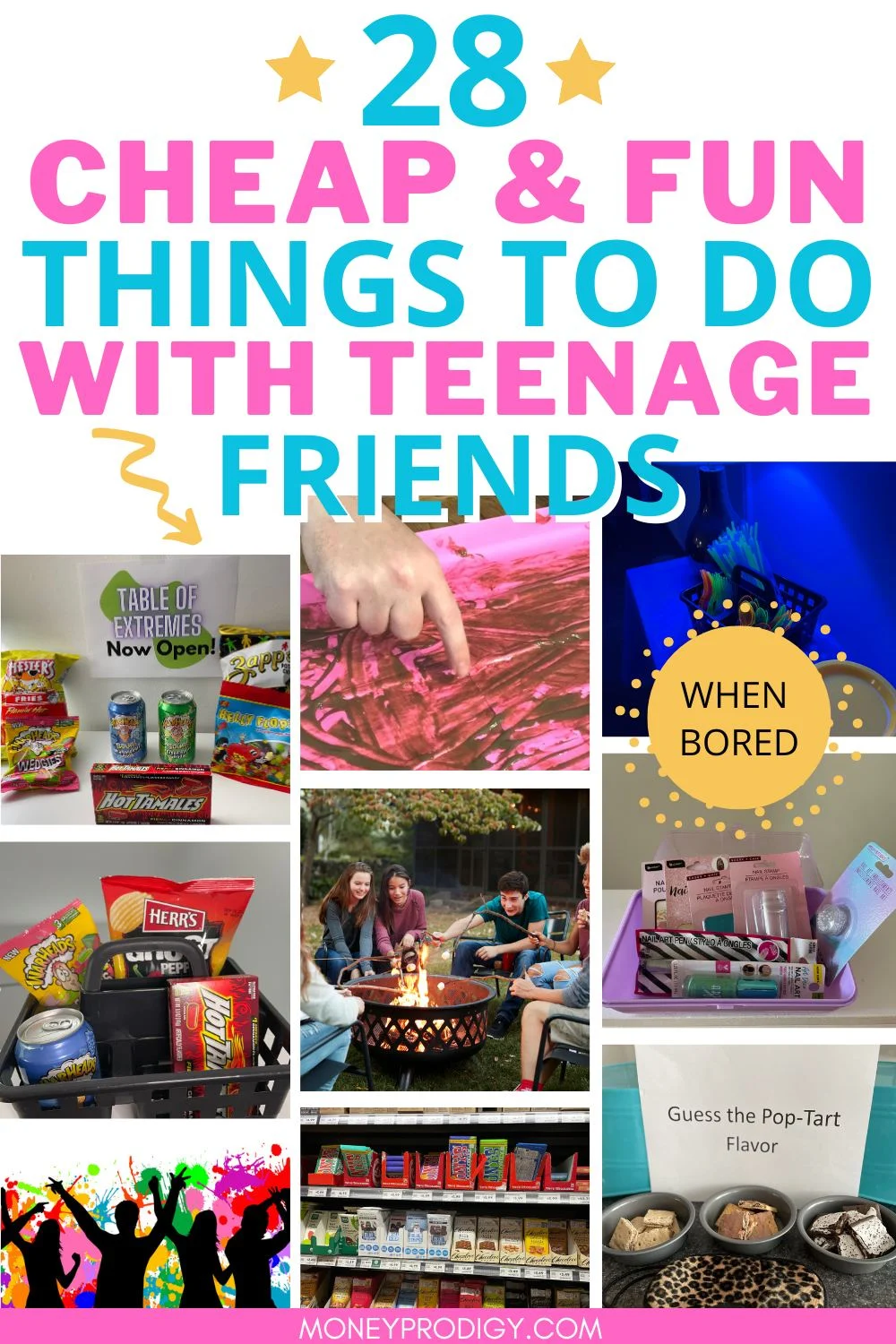 photo collage of tons of fun teen hangout activities, with bright colors "cheap things to do with teenage friends"