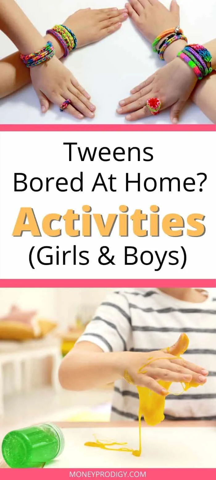 girl and boy tweens making bracelets and slime, text overlay "tweens bored at home? activities for girls and boys"