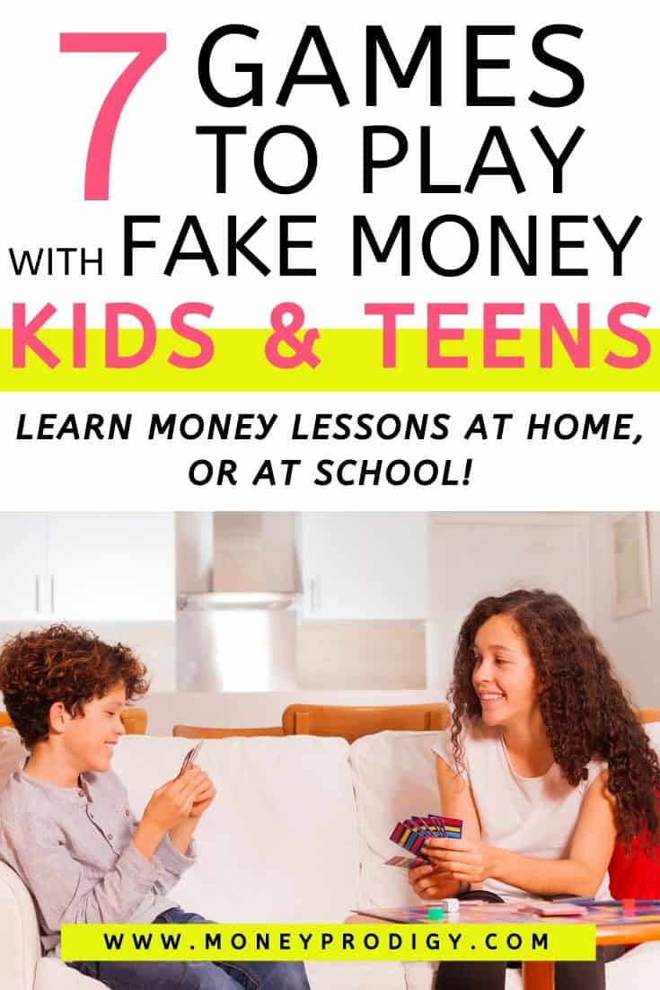 two kids playing card game on couch, text overlay "7 games to play with fake money kids and teens"