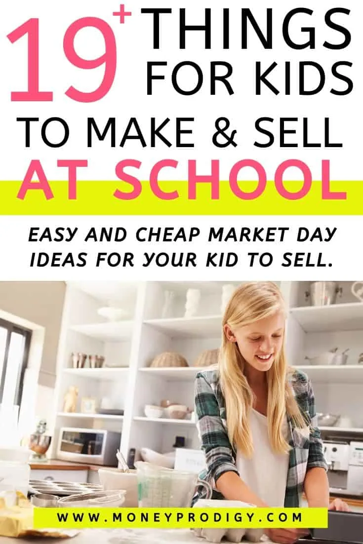 young tween kid making something to sell in the kitchen, text overlay 