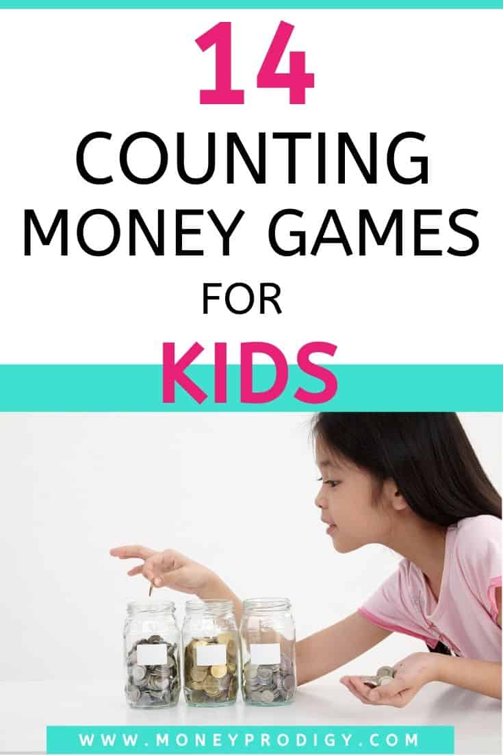 young Asian girl counting money, text overlay "14 counting money games for kids"