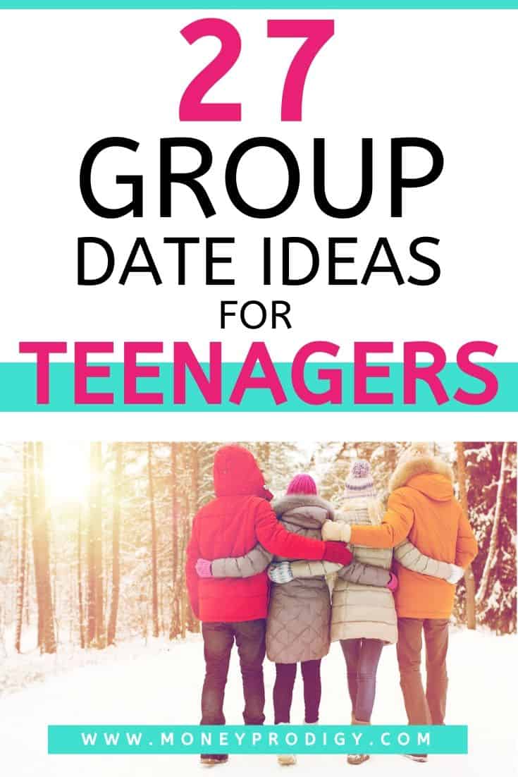 group of teen couples in winter woods on double date, text overlay "27 group date ideas for teenagers"