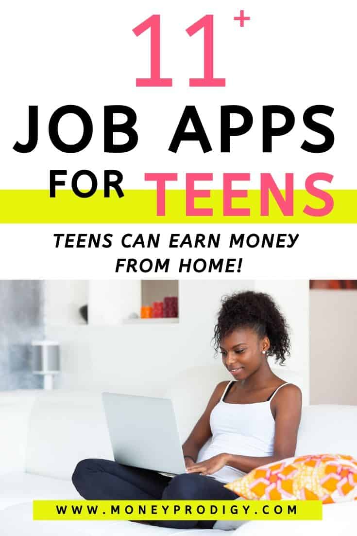 teenage girl with laptop in lap on couch, text overlay, "11 job apps for teens - teens can earn money from home!"