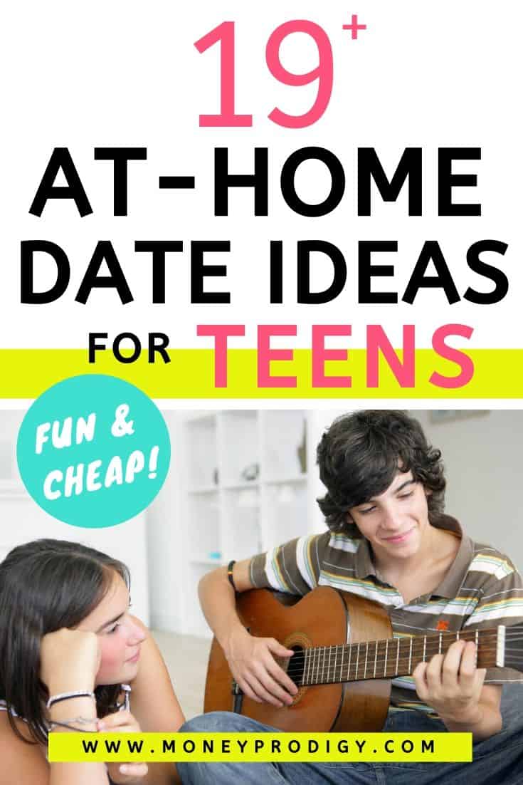 teen couple at home, guy playing his guitar, text overlay "19 at home date ideas for teens fun and cheap"