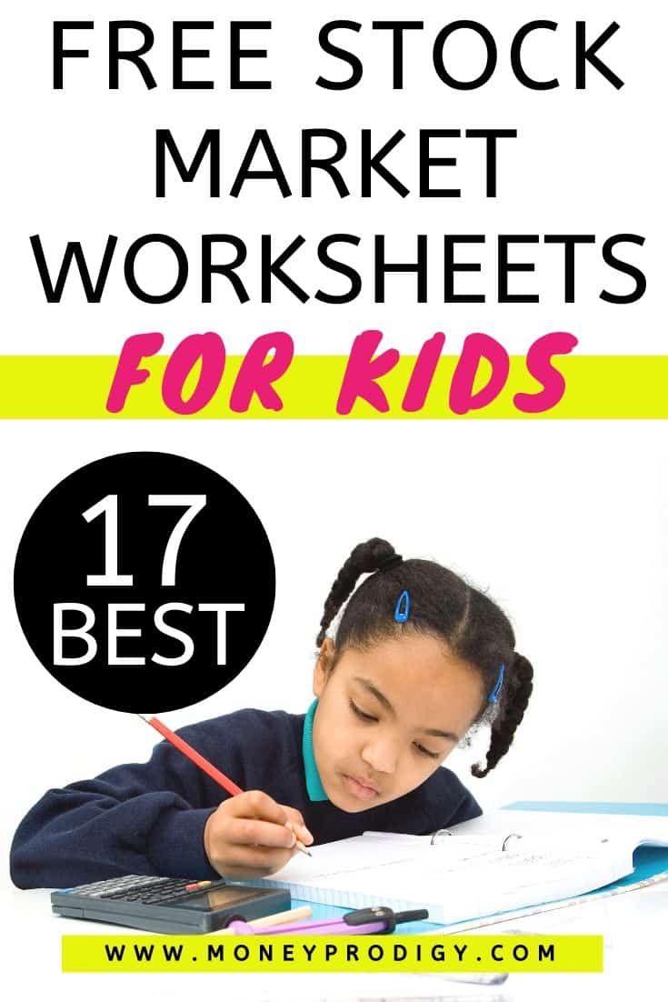 young teen working on stock market lesson pdf at desk, text overlay "free stock market worksheets for kids 17 best"