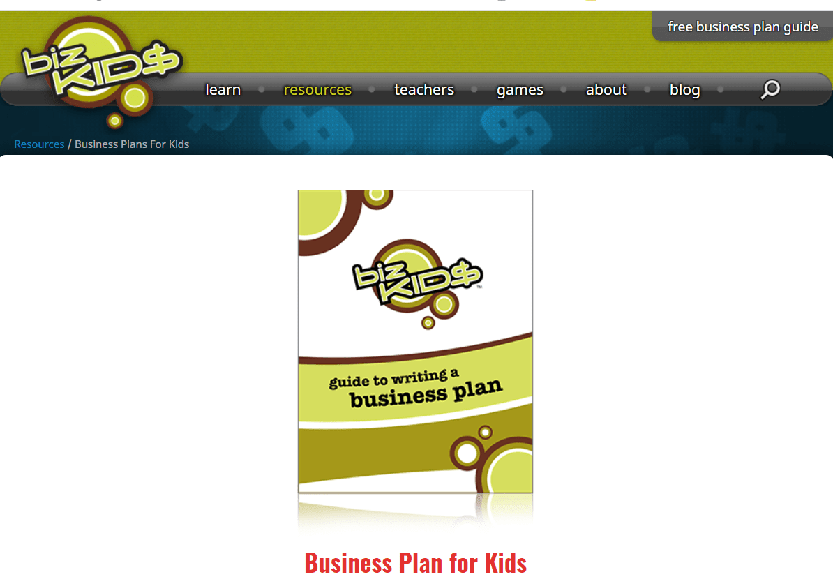 screenshot of bizKids business plan for kids