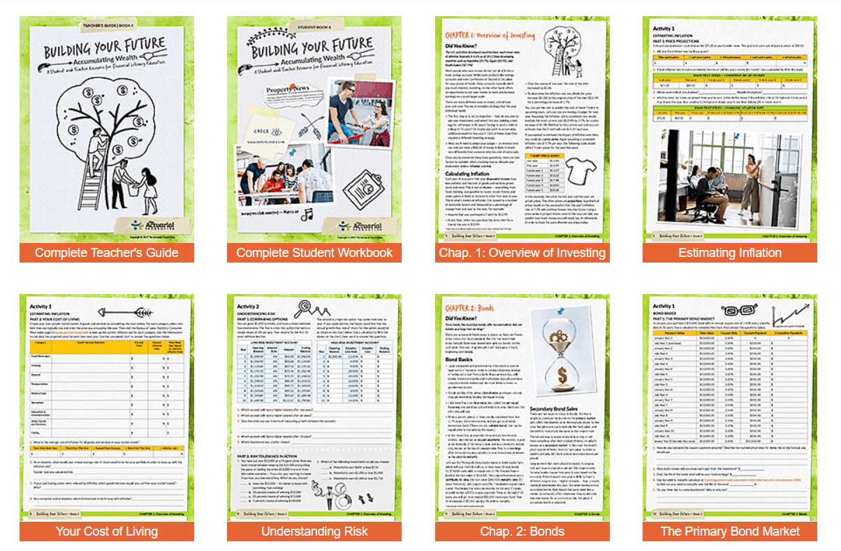 screenshot of teacher and student guide on stock market with worksheets