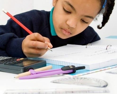 young child working on a stock market worksheet pdf at a desk, with calculator and pencil