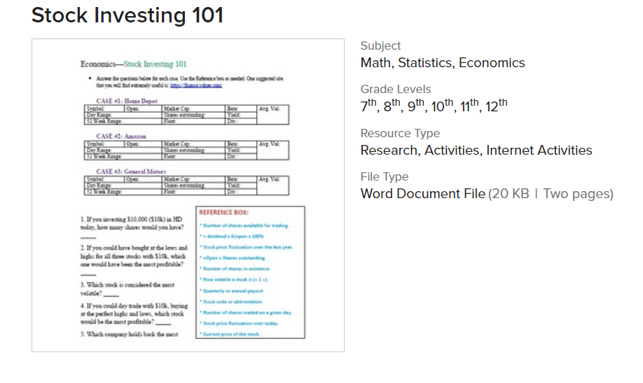 screenshot of stock market investing 101 worksheet for kids