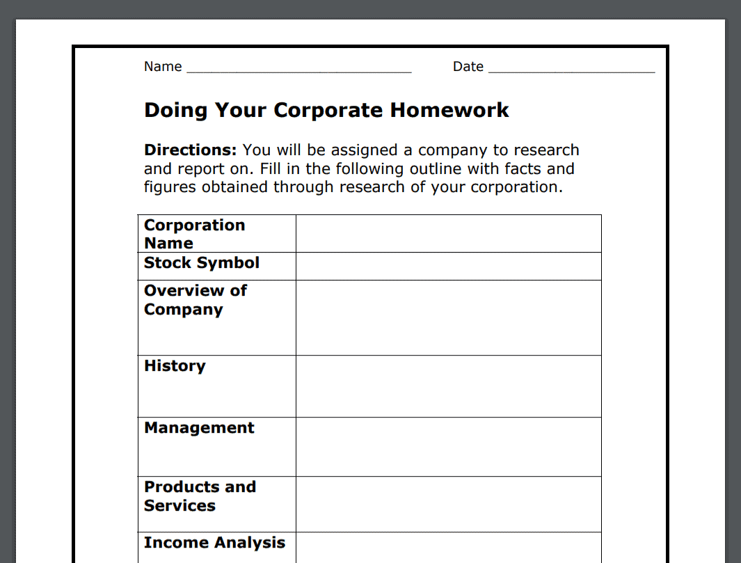 screenshot of doing your corporate homework worksheet for kids and teens