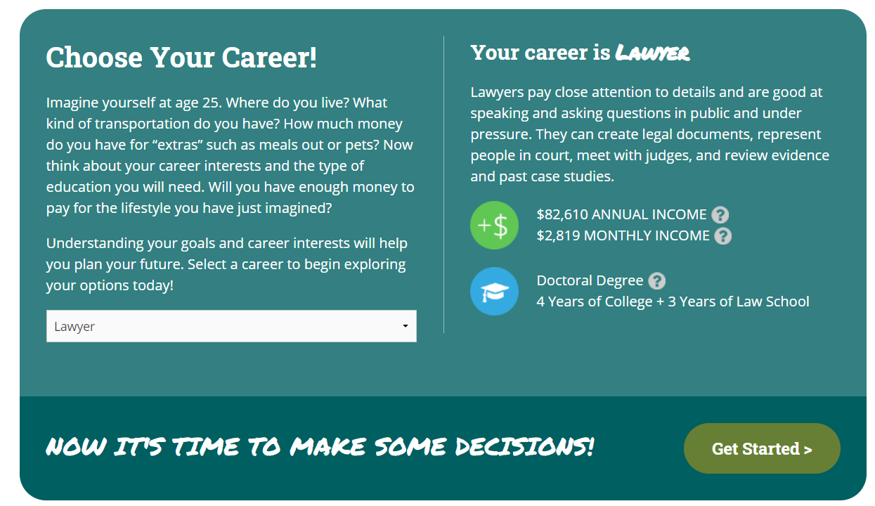 career research project for elementary students screenshot of Claim Your Future career exploration game for teenagers