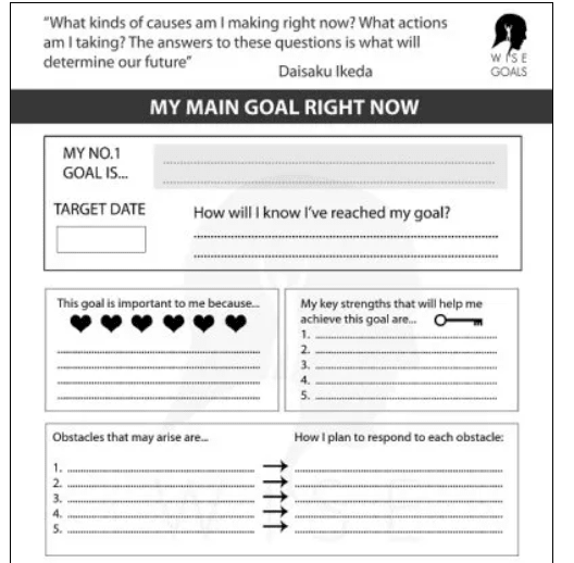 screenshot of teen goal setting worksheet pdf for one main goal